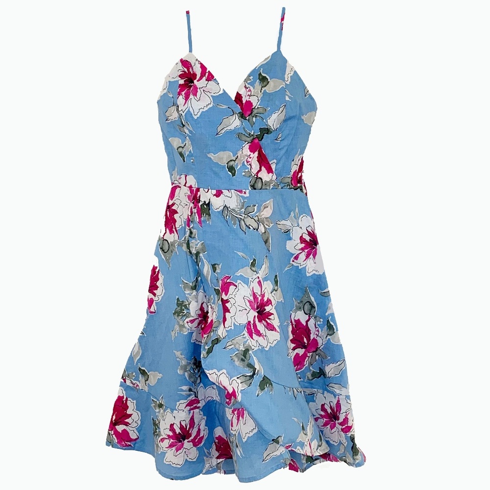 Blue Floral Ruffled Hem Dress